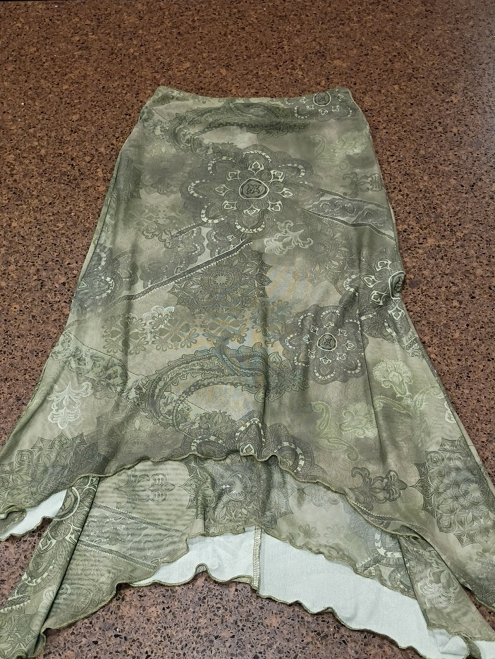 Olive Paisley Print Flared Maxi Skirt Size M